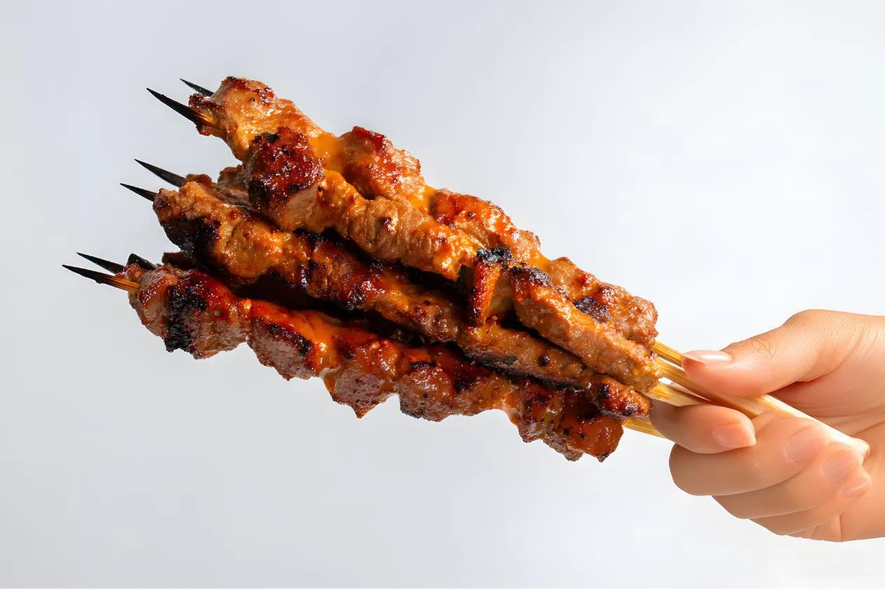 Hand holding several glossy marinated grilled beef skewers against plain background at Authentic Yongtai Scallion Pie & Shi Wei BBQ, a Chinese Restaurant in Brooklyn